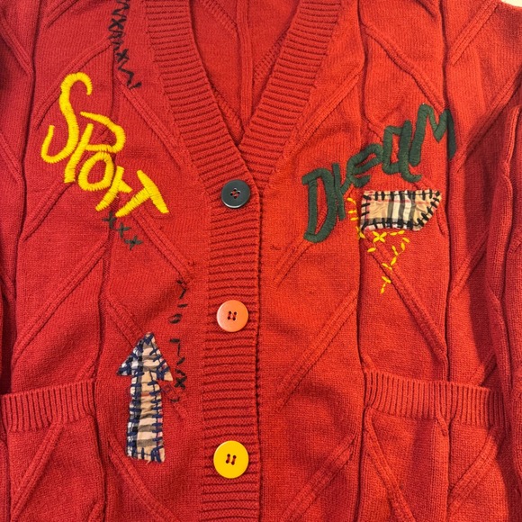 Ebossy Red Knit Sweater Cardigan Applique V Neck B Size M Patches Sport Dream - Picture 3 of 9
